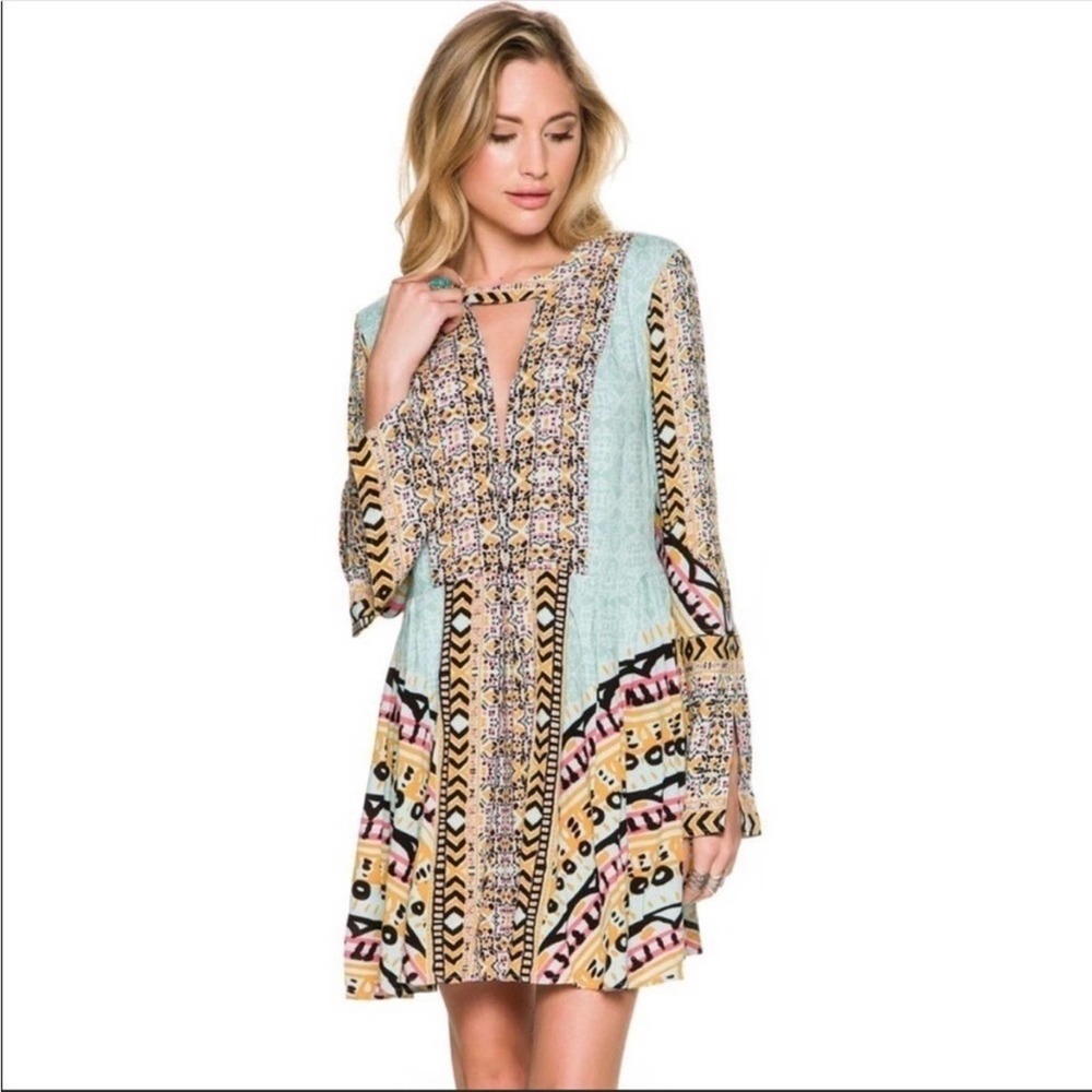 Free People Tegan Border Printed Mini Dress in Blue
